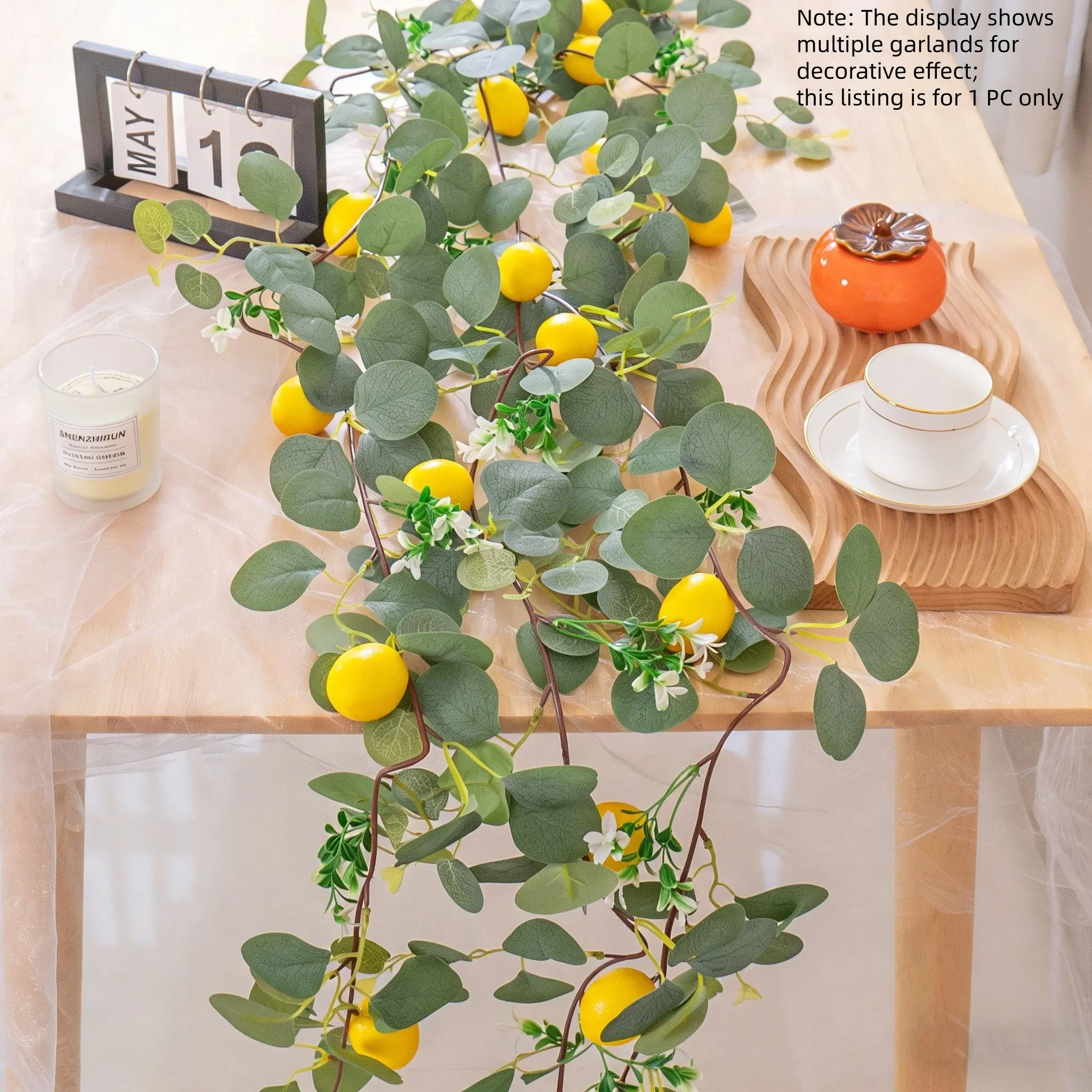 Aesthetic Faux Lemon Greenery Garland, Spring Fruit Vine with Blooms & Eucalyptus, Perfect for Kitchen Table, Wall, Party & Wedding Arch Decor, Artificial Plants, Fake Flower Vine, Home Decoration