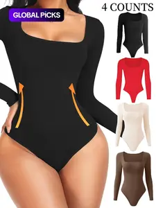 Women's Solid Square Neck Long Sleeve Shapewear Bodysuit, Casual Comfy Tummy Control Butt-Lift Shaper, Ladies High Compression Shapewear for All Seasons