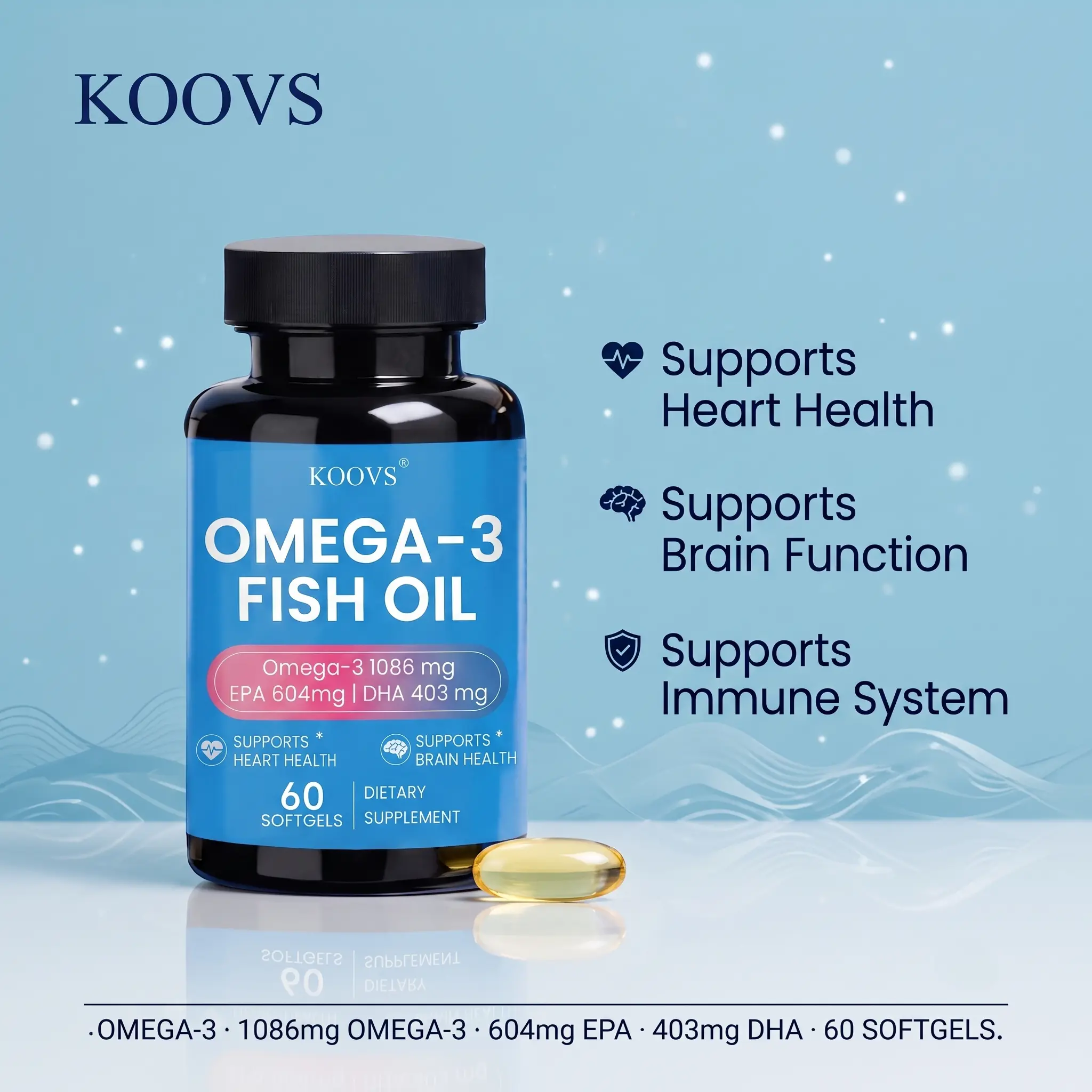KOOVS Omega-3 Fish Oil Supplement 1086mg - Wild-Caught Cold Deep-Sea, 604mg EPA, 403mg DHA, Supports Heart, Brain Health, Immune Health, 60 Softgels, 30-Day Supply