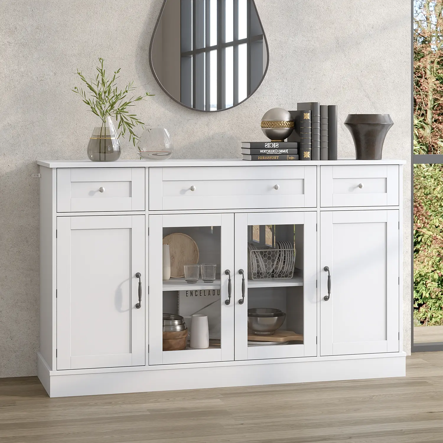 FUFU&GAGA Farmhouse Buffet Storage Cabinet, Wooden Sideboard with 4 Doors and 3 Drawers, Multipurpose Console Cabinet for Kitchen Entryway Dining Room
