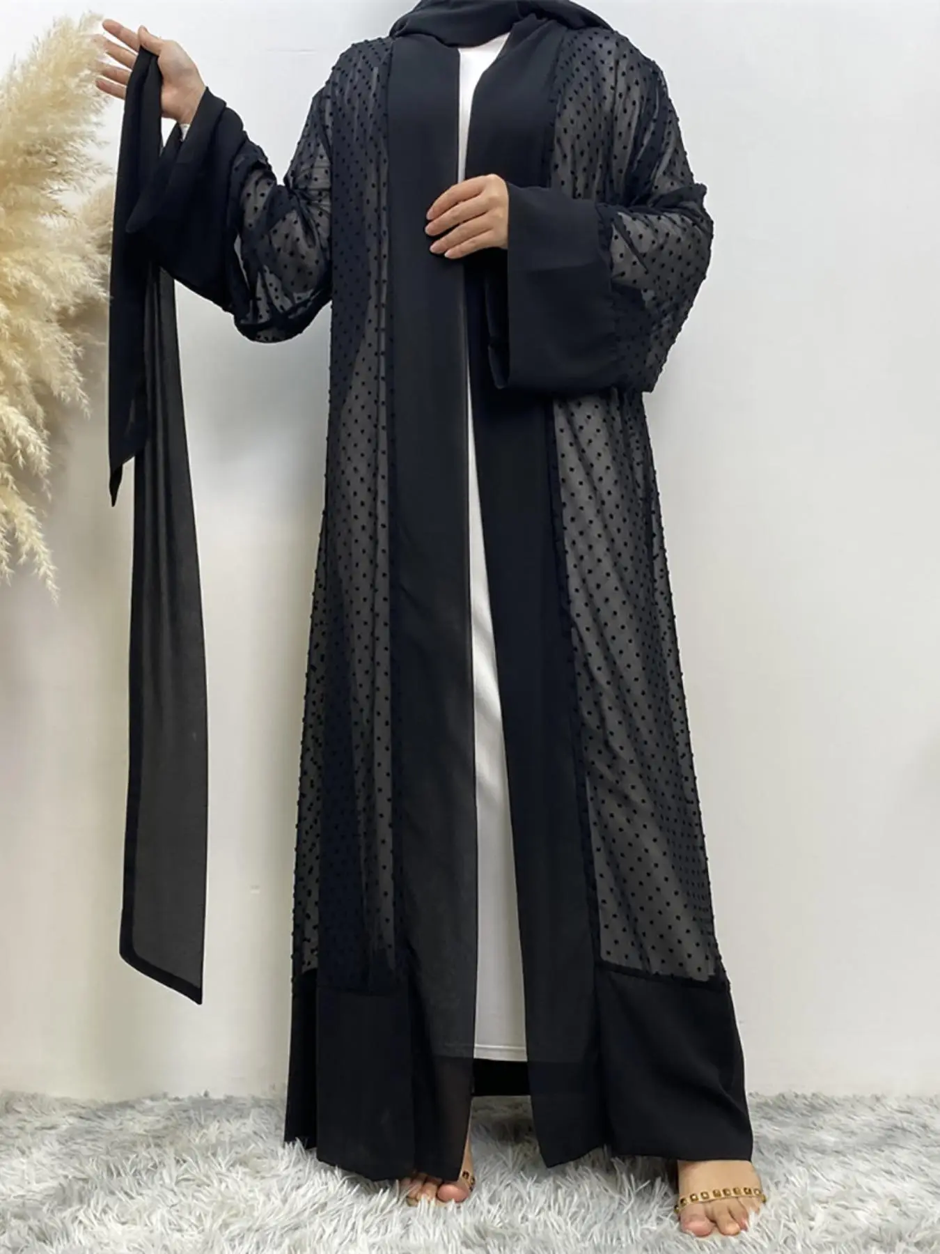 Arabic Clothing-swiss Dot Abaya with Belt & Hijab, Chiffon Islamic Robe Loose Abayas for Women, Muslim Clothes, Modest Outfits