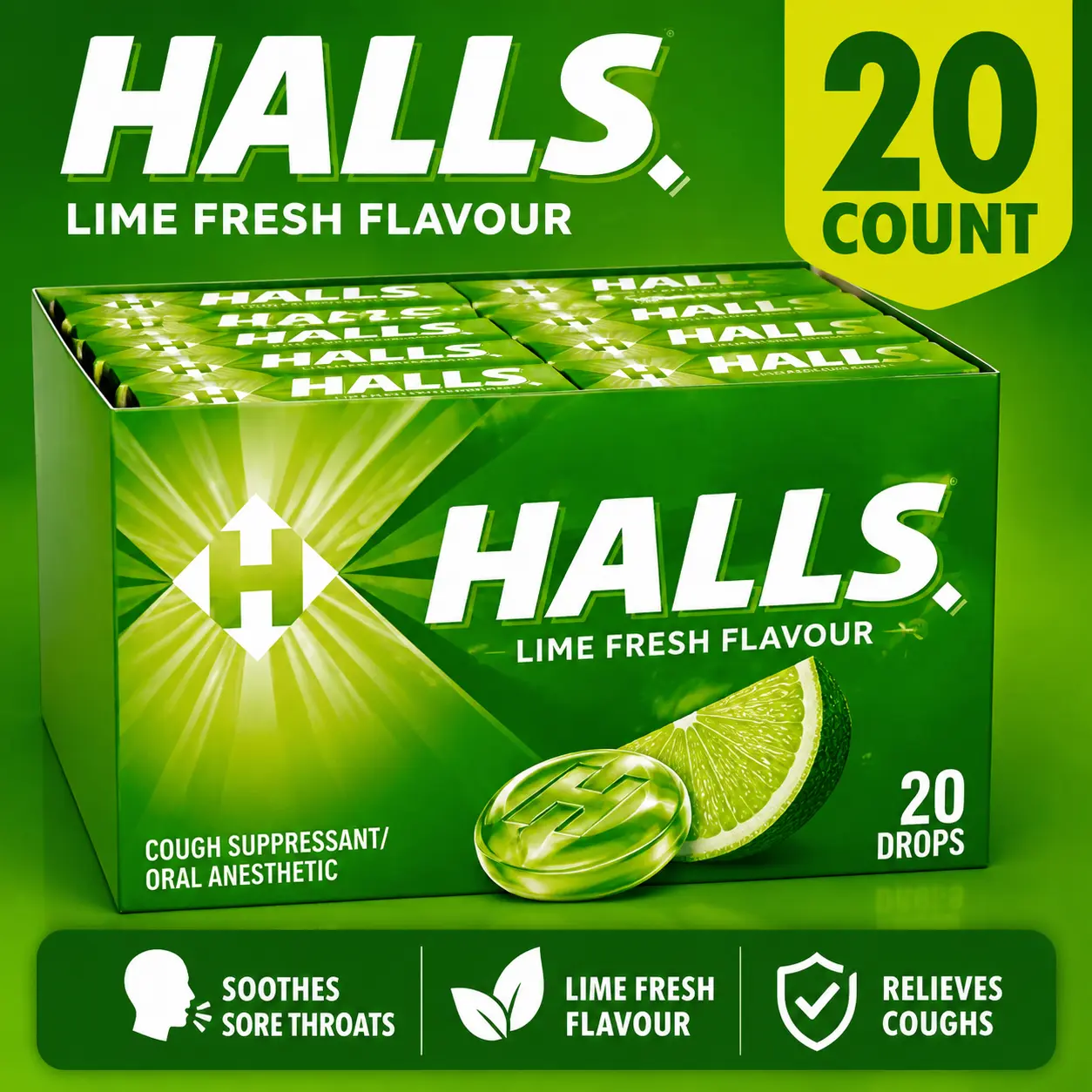 HALLS Lime Cough Drops 20 Count ‍ Refreshing Lime Flavor Throat Drops | Individually Wrapped Relief Candy for Everyday Use