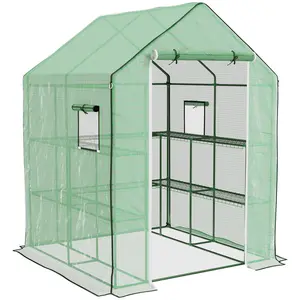 Outsunny 4.6' x 4.7' Portable Greenhouse, Water/UV Resistant Walk-In Small Outdoor Green House with 2 Tier U-Shaped Flower Rack Shelves, Roll Up Door & Windows, White