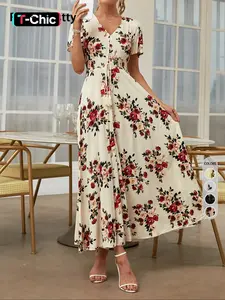 Women's Floral Print Button Front Dress, Boho Frenchy Style Short Sleeve Dresses, Women's Clothes for Summer Beach Vacation Holiday