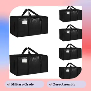 6 Pack Moving Bags Heavy Duty 210GSM with Full-Open Side Zipper, 93L 65lbs Waterproof Foldable Storage Totes for College Dorm Move-In, Moving Boxes Alternative & Home Organization, Black &Blue