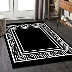 Luxury Black White Greek Key Pattern Flannel Area Rug - Classic Meander Border Print Soft Mat for Living Room, Non-Slip Modern Home Decor#GreekKeyRug #MeanderBorderMat #ClassicBlackWhiteDecor #ModernCarpet #NonSlipFlannelRug