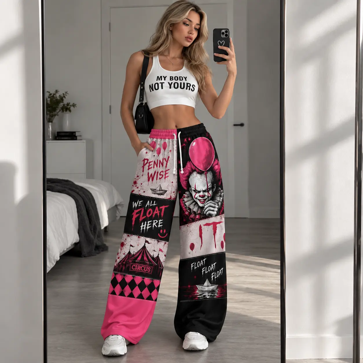 Horror Carnival Patchwork Sweatpants, Red Black Loose Fit Jogger Pants, Spooky Graphic Streetwear, Unisex Halloween Casual Lounge Pants