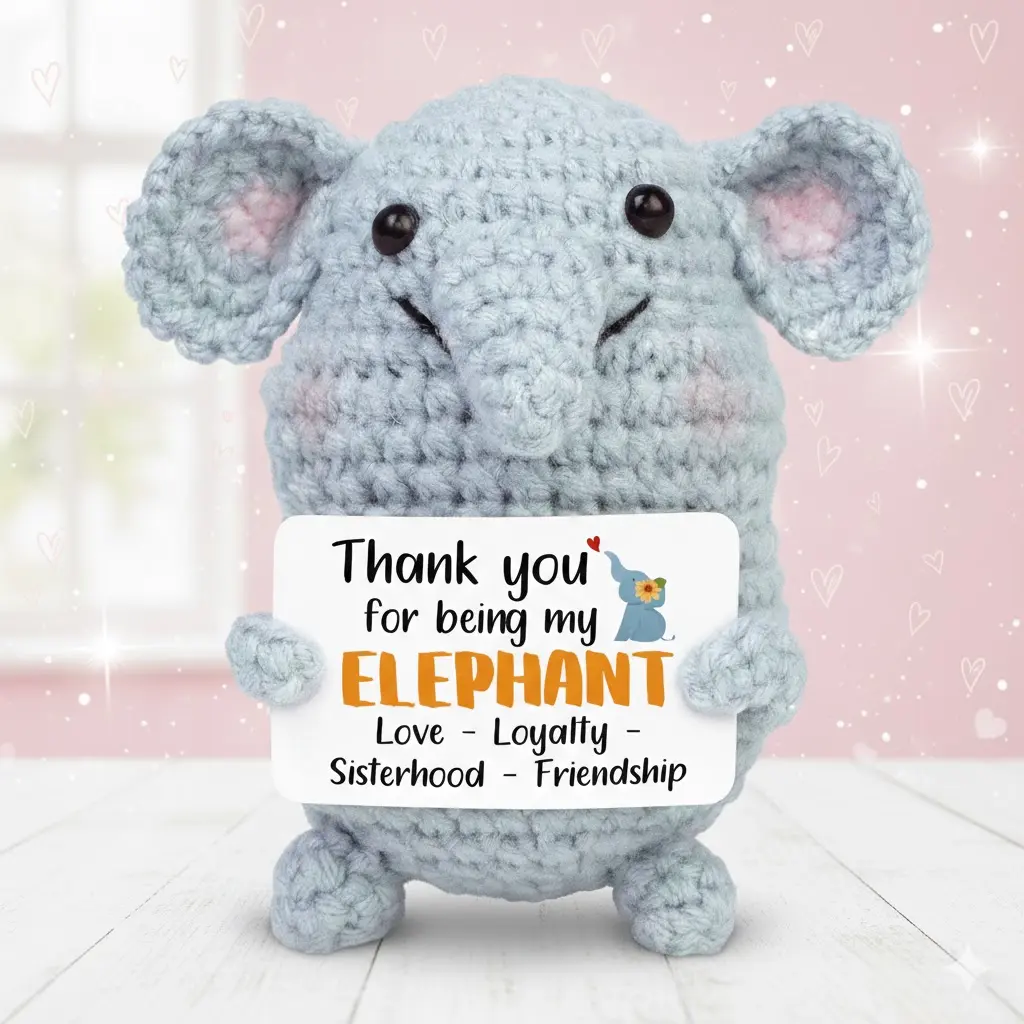 FRIEND BIRTHDAY GIFTS - Mini Handmade Positive Elephant Crochet with Message Card - Thank You Christmas Birthday Graduation Gifts for Women Friendship, Positive Crochet Animals for Friend Gift Ideas