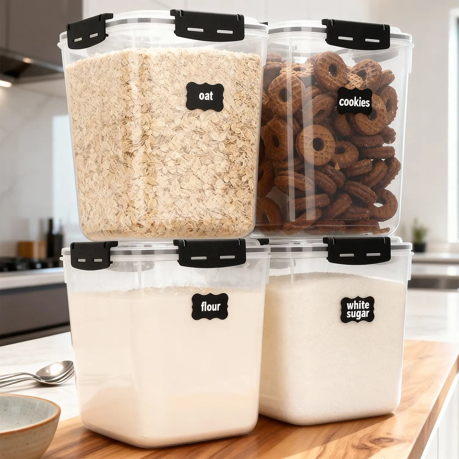 Airtight Food Storage Containers with Rubber Lids - Rice Flour Sugar Canister Sets for Kitchen Pantry, Organized Food Storage, Fridge Organization, Sturdy, Thick Plastic Food Storage Heat Lunch Organizer