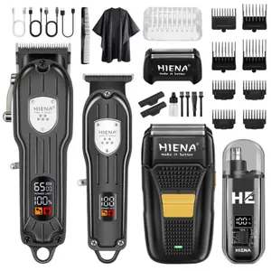 HIENA Professional Haircut Digital Display Four-Piece Set: Multi-functional LED digital display hair clipper, LED digital display professional beard trimmer, and gold-plated razor paired with various style limit combs, cape, and brush