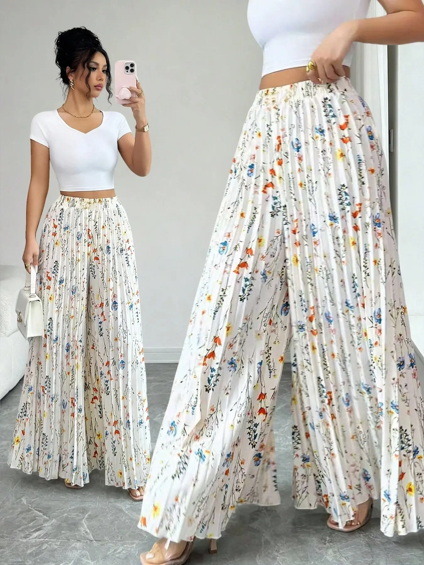 Women's Boho Bohemian Floral Print Pleated Wide Leg Pants, Bottoms, High Waisted Pants, High Waist Slim Fit Casual Long Pants, Spring Summer Fall Winter Fashionable Elegant Chic Flowy Trousers Womenswear