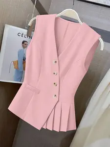 Women's Pure Color Sleeveless Pleated Hem Vest, Commuter Style Slant Button Waist Cinching Pocket, Casual Office Outerwear
