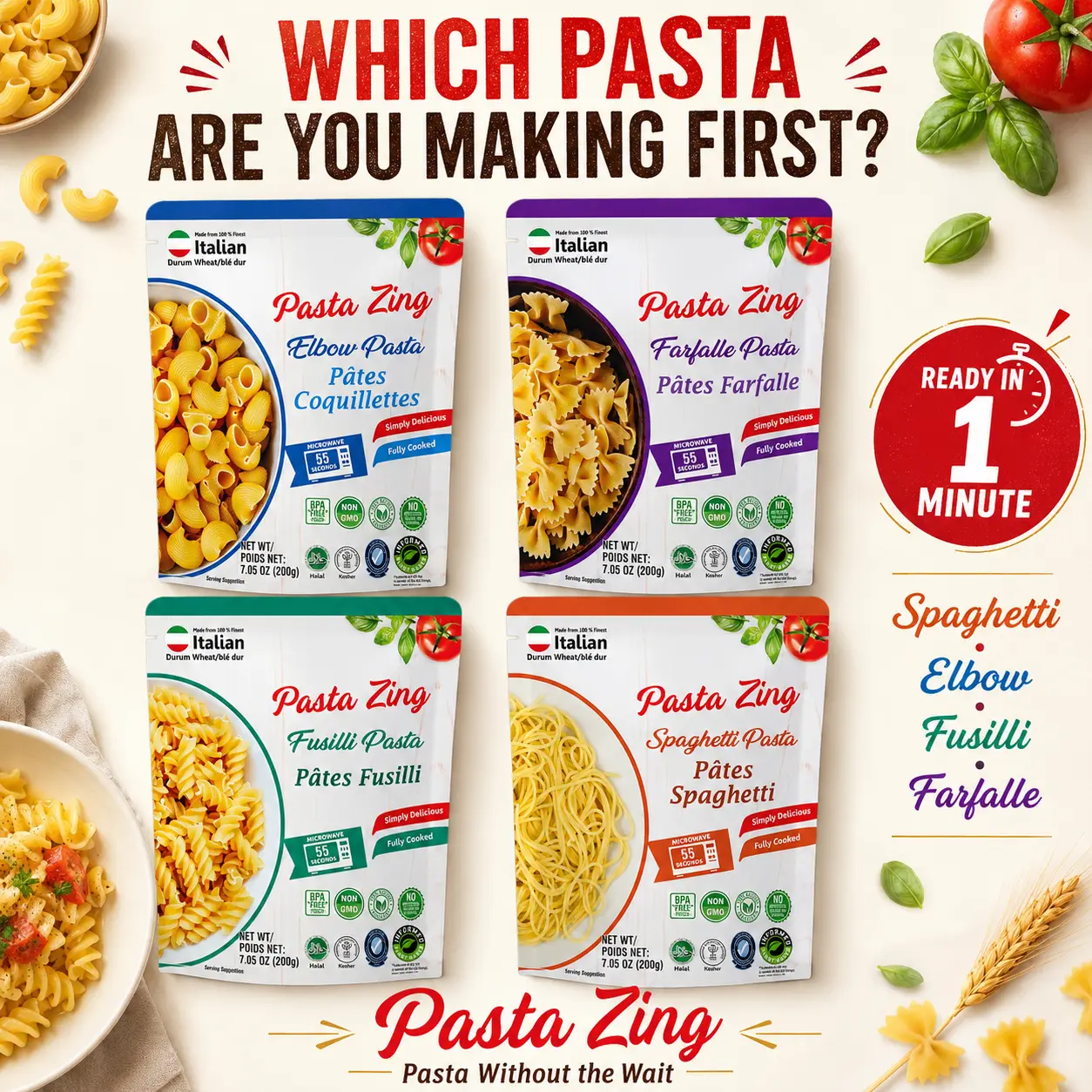 Pasta Zing Variety Pack | 2 Spaghetti, 2 Farfalle, 2 Elbow & 1 Fusilli Pasta Packs | 7 Pack | Ready in 1 Minute