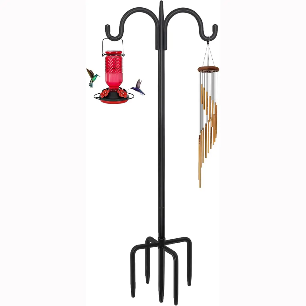 Heavy Duty Shepherds Hook 76" Double Hooks Adjustable (60/76") - Alloy Steel 5-Prong Base, 17lb Capacity - Easy Assembly Bird Feeder Pole for Hanging Planters, Lanterns, Wind Chimes
