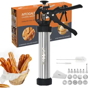 Churro maker machine 21piece stainless steel churro gun kit churros maker gun cookie press set hollow churro spritz cookie press gun with piping bag filler 6 tips 9 discs 2 brushes