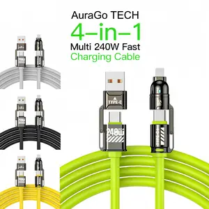 [Fast Shipping] AuraGo TECH 4-in-1 Multi 240W Fast Charging Cable with USB A Type C Lightning for iPhone17 Samsung Laptops Charger Cellphone Smartphone Electronic Power Adapter Kit