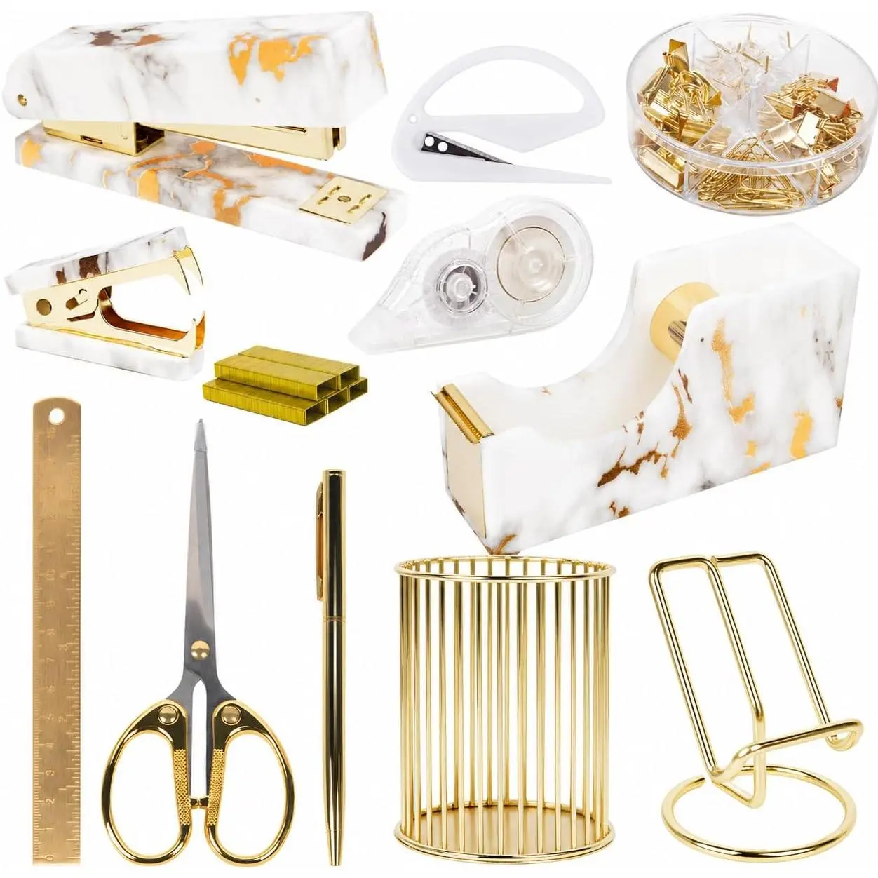 Women's 13-Pcs Gold Marble Desk Decor Kit - Table Organizer, Desk File Organizer, Stapler, Tape Dispenser, Acrylic Pen Holder for Home Office : Office Products
