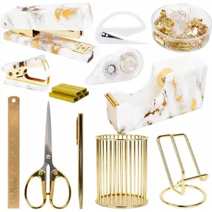 Office Desk Accessories Supplies - 13 Pcs Women Gold Marble Desk Decor Set, Cute Aesthetic Office Essentials Kit, Stapler Tape Dispenser Pen Organizer, Acrylic Mini Teacher Stuff for School Home Work : Office Products