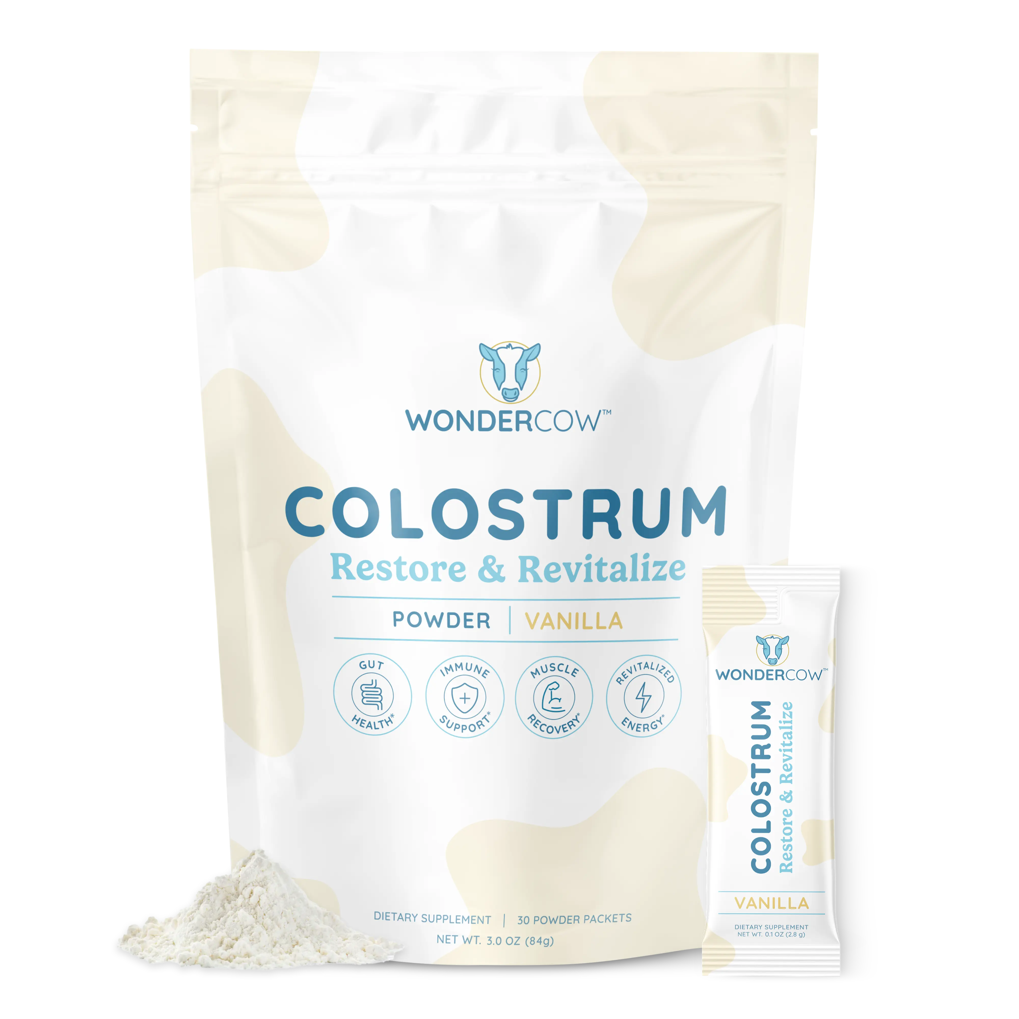 Vanilla Single Serve Packets, Pure Bovine Colostrum, Gut Health, Immune Support, 2,000mg whole colostrum per serving