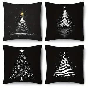 4pcs, Retro Style Christmas Pillow Covers, Black and White Christmas Tree Holiday , Decorative Cushion Covers for Living Room, Sofa, or Porch, Pillow for Living Room, Beautiful Modern Cushion Covers, Decorative Throw Pillows, Single Sided Printing, No Pil