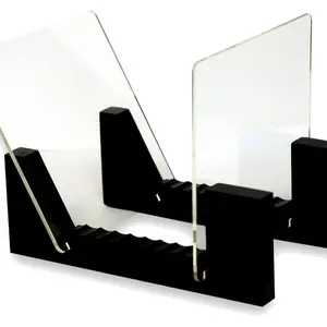 Vinyl Records Storage Holder Display Stand – 7” inch Holds Up to 25 Turntable LP's Records Albums Wood Stand, Rubber Grip Acrylic Ends (Black)