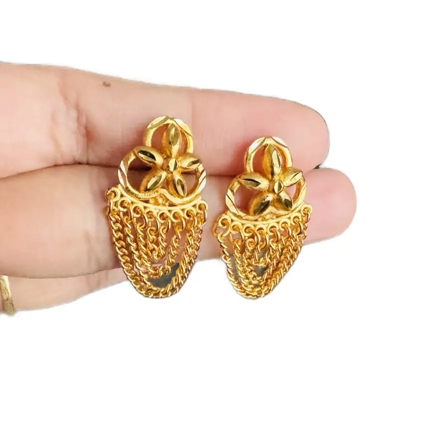 Women's Ornate Golden Chain-Attached Jhumka Earrings - Jewelry for Women, Luxury Gold-Accented Finish, Gold Statement Accessory, Gold Statement Earrings
