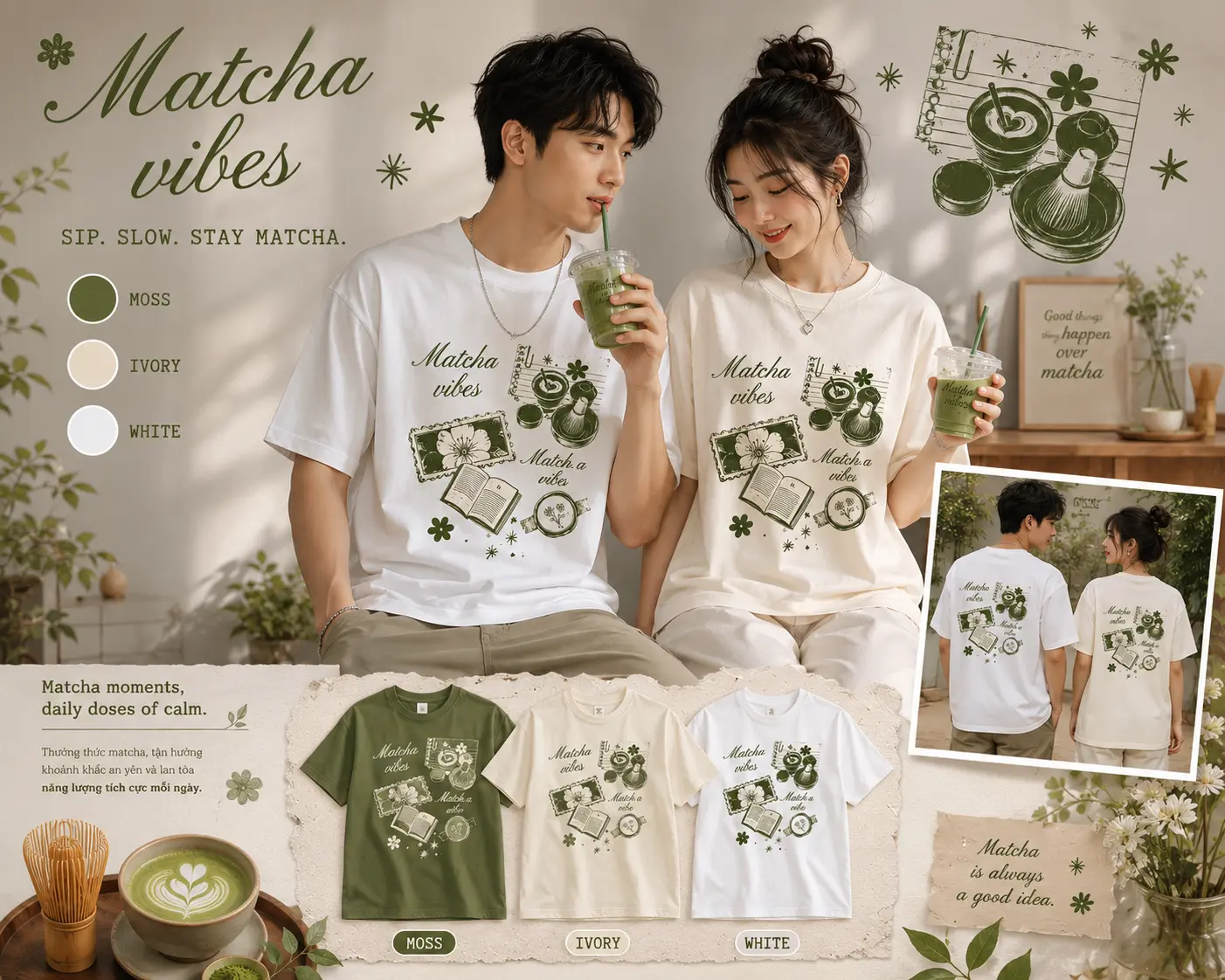 Men's Matcha Vibes Graphic T-Shirt, Streetwear Style, Short-Sleeve Cotton Round Neck Handmade Top