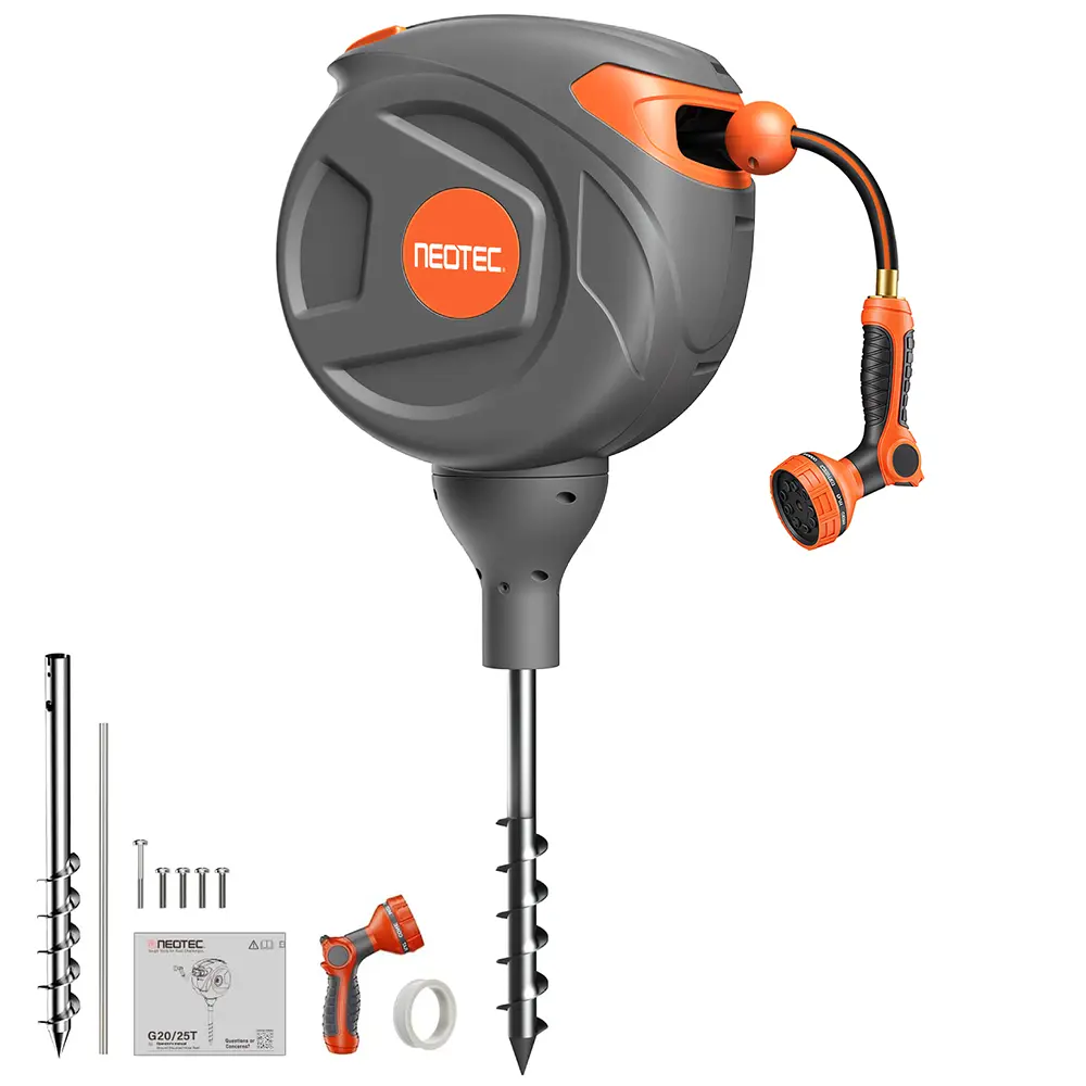 NEOTEC No-Drill Ground-Mounted Retractable Garden Hose Reel 82 ft x 1/2 Inch, Freestanding 360° Swivel Water Hose with Any-Length Lock & Slow Return for Large Yard & Lawn
