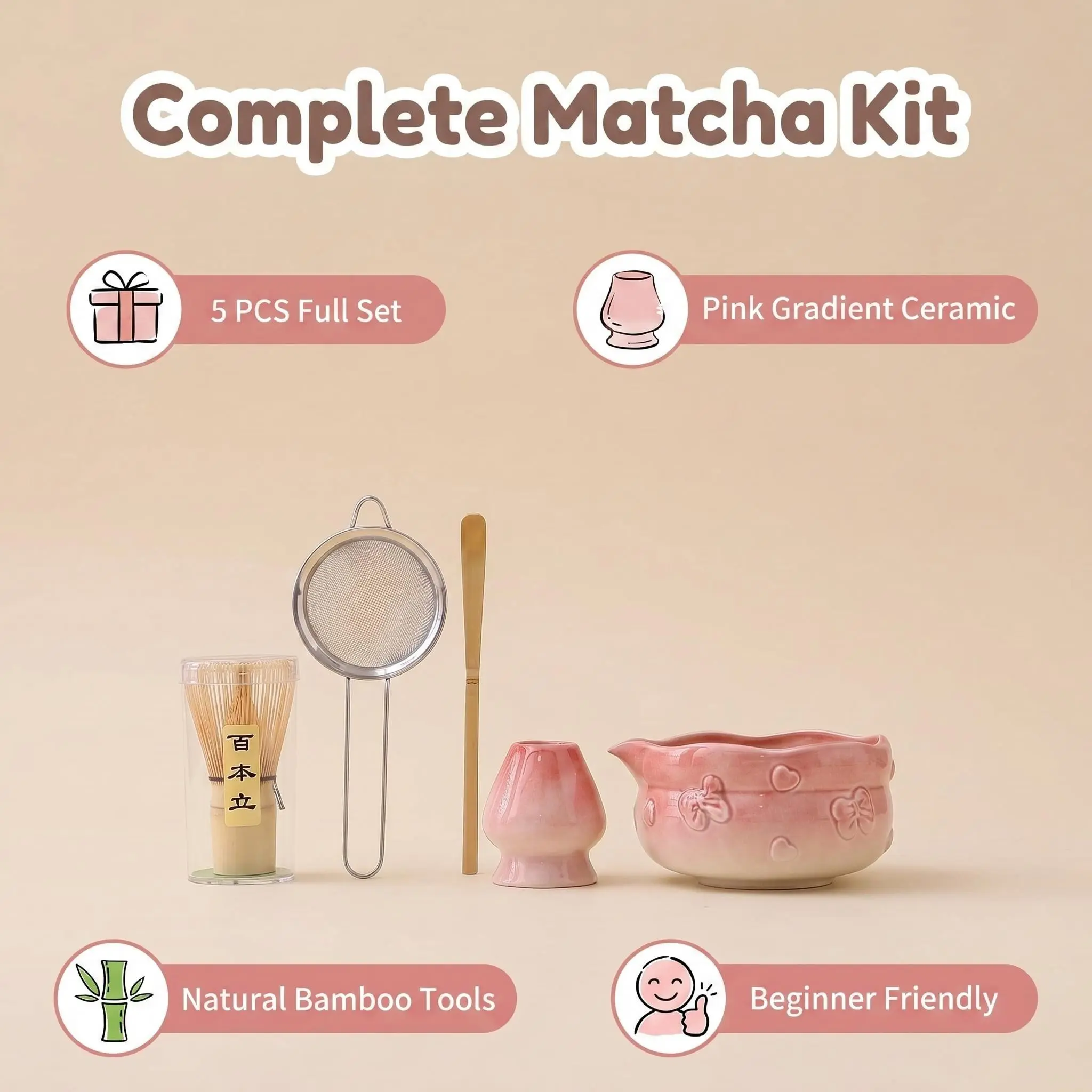 5-Piece Handmade Ceramic Matcha Bowl Set, Matcha Kit Set, Tea Making Tools, Perfect Gift for Holidays, Christmas, Valentine's Day, Japanese Tea Ceremony Bowls
