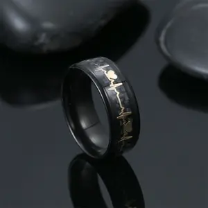 Fashion Stainless Steel Promise Ring, Unique Heartbeat Pattern with Carbon Fiber Inlay, Minimalist Band Ring, Elegant Jewelry for Wedding, Party & Dating