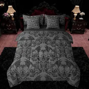 Feelyou Adults 7-Piece Gothic Comforter Set - Dark Olive Green Damask Bat Pattern Bohemian Style Bedding Set, Queen Size Bedroom Decorative Bed-in-A-Bag with Vintage Victorian Baroque Floral Design