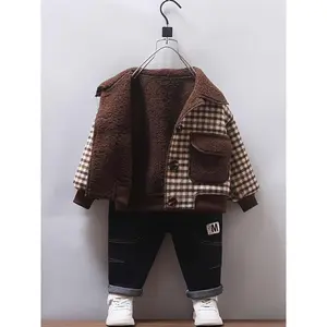Korean Winter Chic Boys' Plush Jacket with Sherpa Lining Fur Coat Stylish Thermal Outerwear Machine Washable for 8-16 Years Holiday Season Wear Festive Outerwear Trendy Boys Jacket