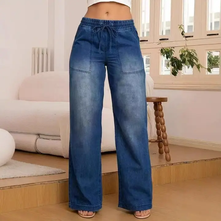 Women's Casual Jeans, Minimalist Straight Leg Slim Fit Pants with Adjustable Drawstring Waist, Dark Blue Everyday Bottoms, Halloween, Basic, Streetwear, Holiday, Piece, Foldable