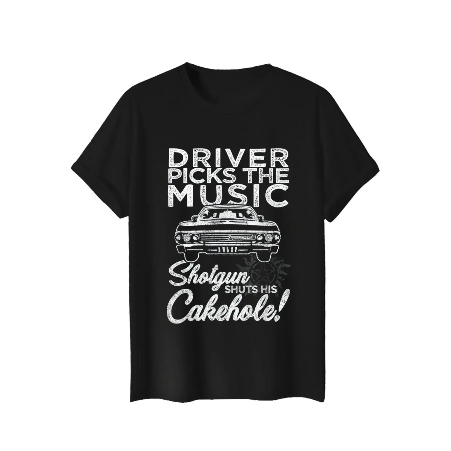 180g 100% Cotton Supernatural Impala Quote Short-Sleeve Graphic T-Shirt - Menswear Casual Overall TV Show Fan Clothing with "Driver's Choice Music" Vintage Design