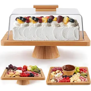 Cake Stand with Lid (16.5"), Multifunctional Cake Stand with Acrylic Dome, Rectangular Bamboo 2-in-1 Cake Plate Display Stand with Cover for Baking Gifts, Birthday Kitchen Parties, Weddings Bakeware Dessert Kitchenware Sturdy