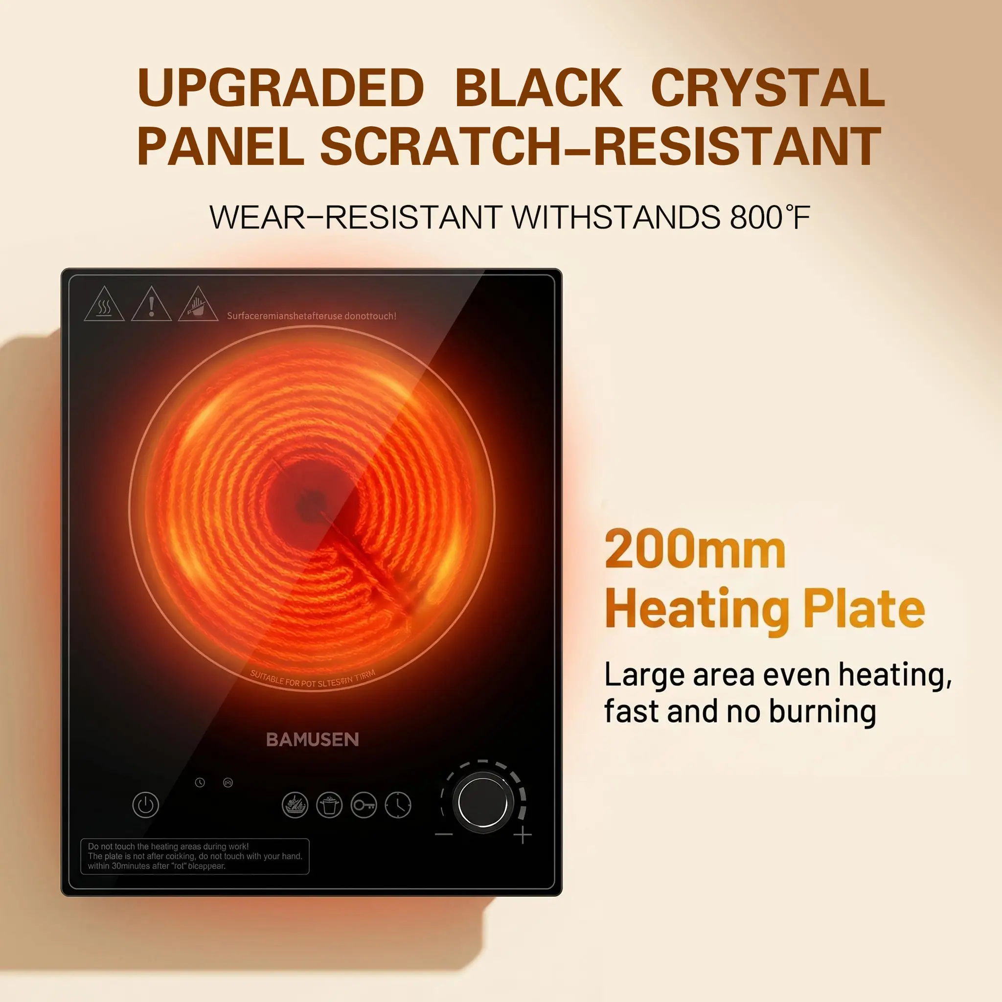 Bamusen Portable & Embeddable Electric Ceramic Cooktop, 1500W High Power Stove, 9-Level Adjustable Power & Temp Control, 2H Timer, Built-In Child Safety Lock, Easy-to-Clean, Compatible with All Cookware Types, Ideal for Home Kitchen & Outdoor Cooking, Sto