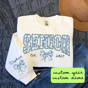 Custom Senior Sweatshirt Class of 2027, Coquette Senior Hoodie, Blue Floral Toile Aesthetic Graduation Sweatshirt, Name Sleeve, Est Year