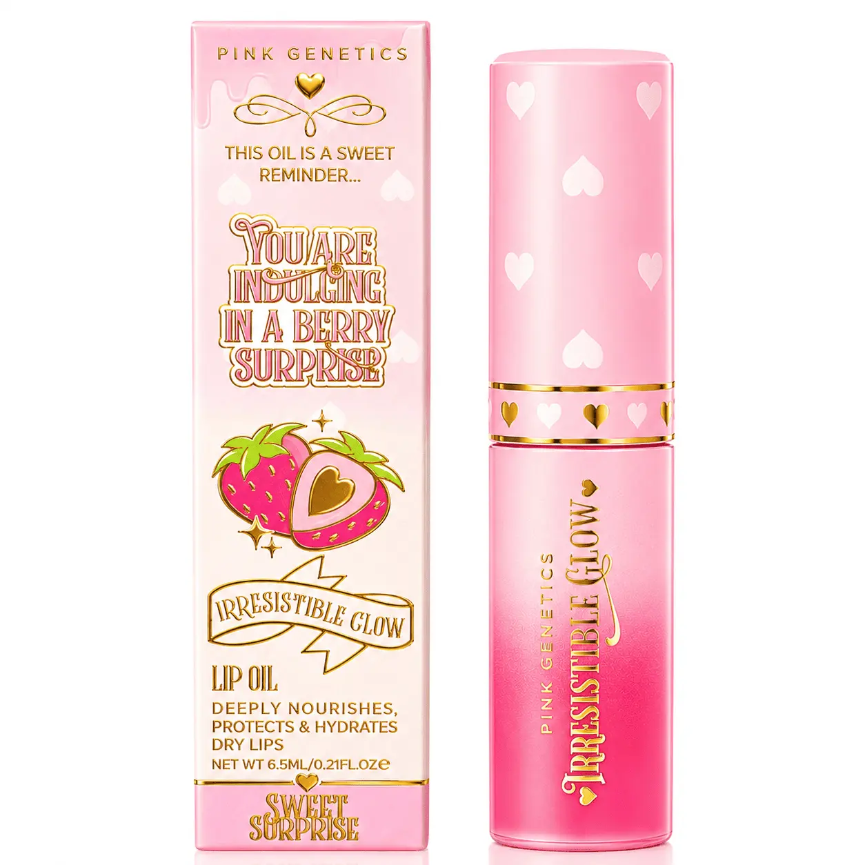 Pink Genetics Sweet Surprise Gloss Lipgloss Lipstick Makeup Glossy Lip Care Infused with Strawberry & Whipped Cream Scent Weightless Formula Non-Sticky Finish Oil Fluffy Oil Scented Lip Oil