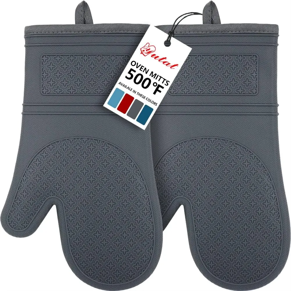 Yutat Silicone Oven Mitts, Oven Gloves with Non-Slip Silicone, 600 Degree Heat Resistant, Soft Cotton Lining, Waterproof and Bap-Free, Oven Mitts for Cooking and Baking - 1 Pair 12 Inch Charcoal Grey Yutat