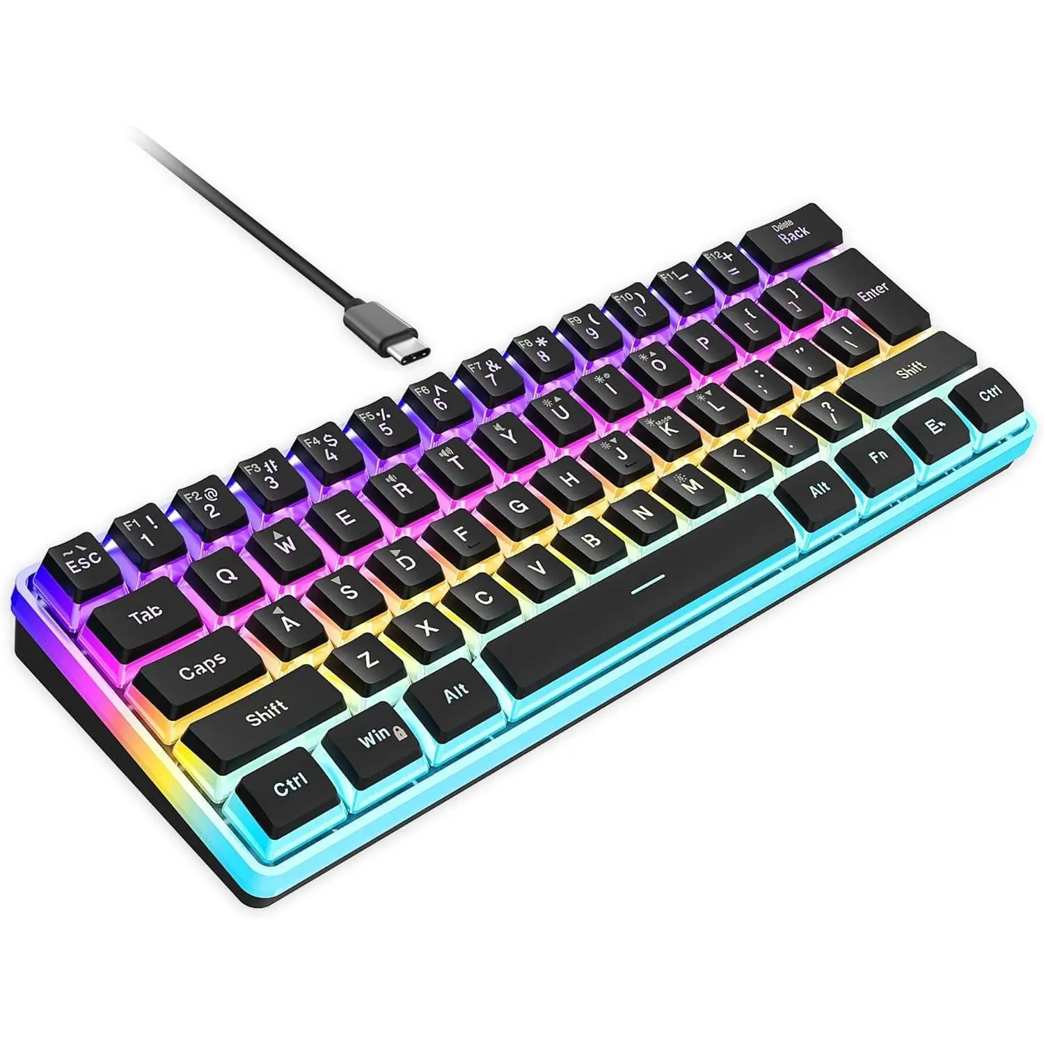 Black 61 Keys Wired Compact Gaming Keypad, 60 Percent Space-Saving Mini Peripheral Equipped with Translucent Pudding Keycaps, Waterproof Ergonomic Rainbow RGB Illuminated Keyboard, Ideal Gaming & Office Daily Work Accessory