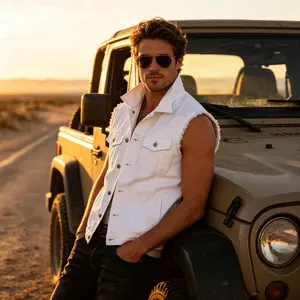 Streetwear White Men's Cowboy Jacket Trendy Brand High Street Versatile Short Sleeve Vest Personalized Washed Haired Men's Coat