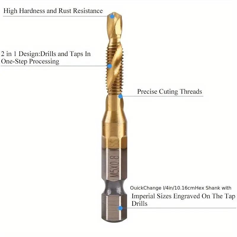 Tap drill bit set 6 Pack Metric Thread M3-M10 Screw Tapping Tool 1/4" Hex Shank Titanium Plated HSS Combination Drill and Tap Set