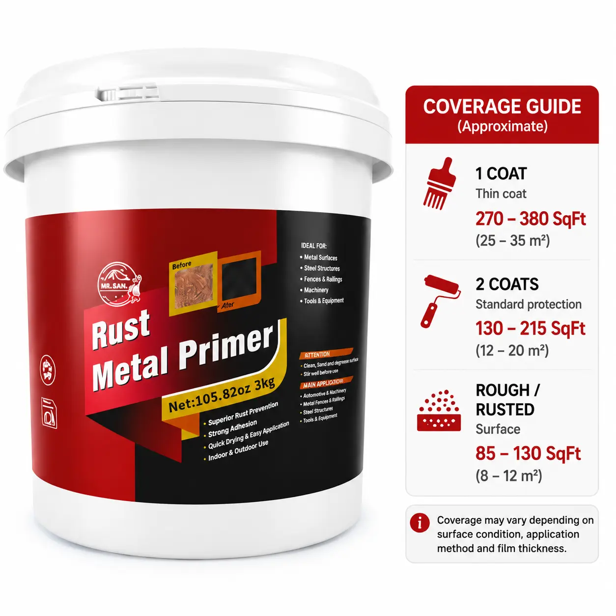 6.6lbs/3kg Rust Converter & Metal Primer Black Inhibitor Paint for Metal, Automotive Rust Reformer & Seal, Converts Rust into a Stable, Paintable Surface, Ideal for Steel, Iron, Aluminum (garage Doors, Fences, Pipes, Parts, Machinery)Easy Application.