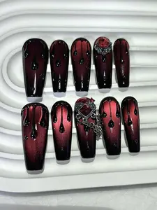 ROSY x 10PCS Dark Blood Red Hot Girl Press On Nails Handmade Red Cat Eye Blood Drops Vampire Red Diamonds Fake Nail Press On Nails Long Nail Supplies(1 Sheets Jelly Stickers+1PC Nail File)