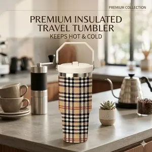 1 Pc 30oz plaid print insulated mug, double wall vacuum thermal cup, leak proof handle tumbler, keeps drinks hot 12 hours and cold 24 hours, large capacity for coffee tea, travel, office, gym, daily use, gift for women men, holiday birthday