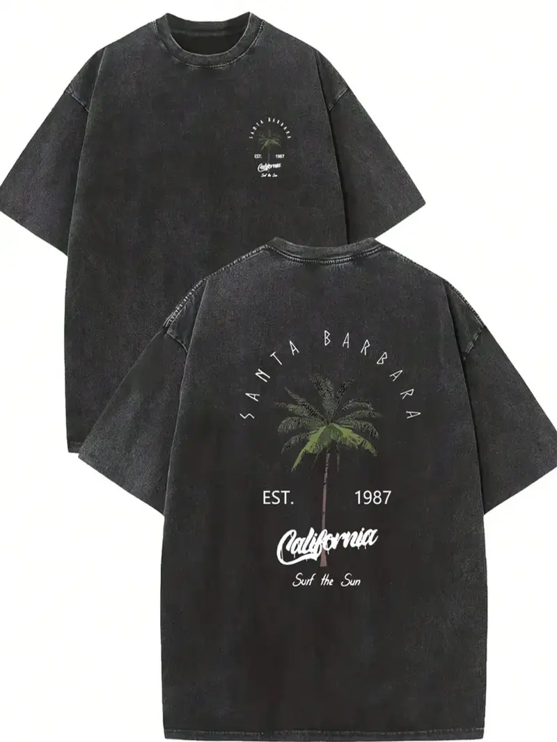 valentine shirts Men's Retro California Style Cotton T-Shirt-"Est.1989" Coconut Tree Design, Short Sleeves, Round Neck, Casual Summer Clothes, Machine Washable, Summer Casual Clothes |TiedyeT T-Shirt Back Design, Retro T-Shirt.