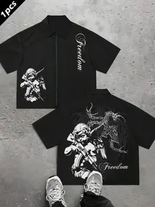 Summer Angel Dark Street English Pattern Print New Street American Loose Zipper Short Sleeve Shirt, Casual Cartoon Design