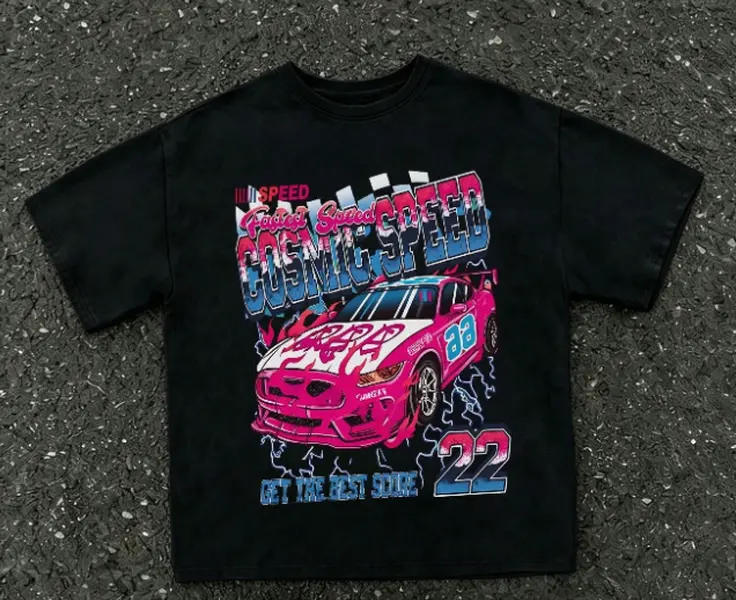 Thrilling high speed racing vibe cosmic speed pink race car vintage graphic tee motorsport passion street summer 100% cotton short sleeve adhesive print unisex black top