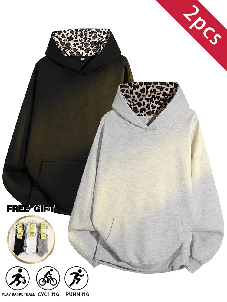2PCS Men’s Spring/Autumn Lightweight Leopard Print Hooded Sweatshirt Set, Soft & Breathable Pullover, Basketball/Cycling/Running Streetwear Daily Outfit, Two-Color Basic Hoodie Set, Includes Free Socks Gift