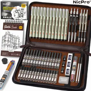 58pcs for art Mechanical Pencil Set in Leather Case, Drawing Supplies Kit, Sketching Set with 6 Metal Mechanical Pencils 0.5&0.7&0.9&2Mm, 12 Fineliner Pens & Sketch Book, Erasers Lead Refills for Artist Drafting-School Supplies